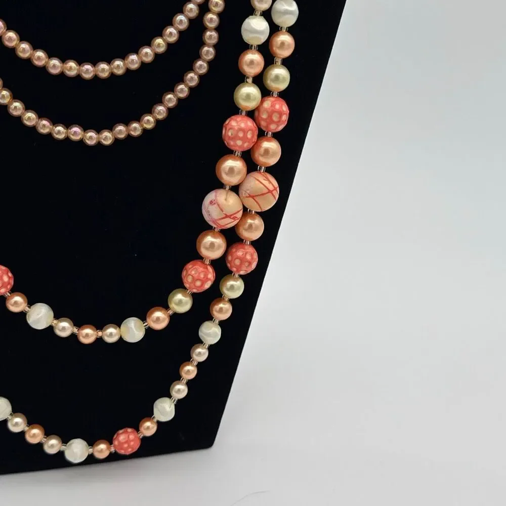 Vintage 1950s Art Glass Pearl Necklace Set 34” C Clasp &‎ 25” Layered Coral Pink